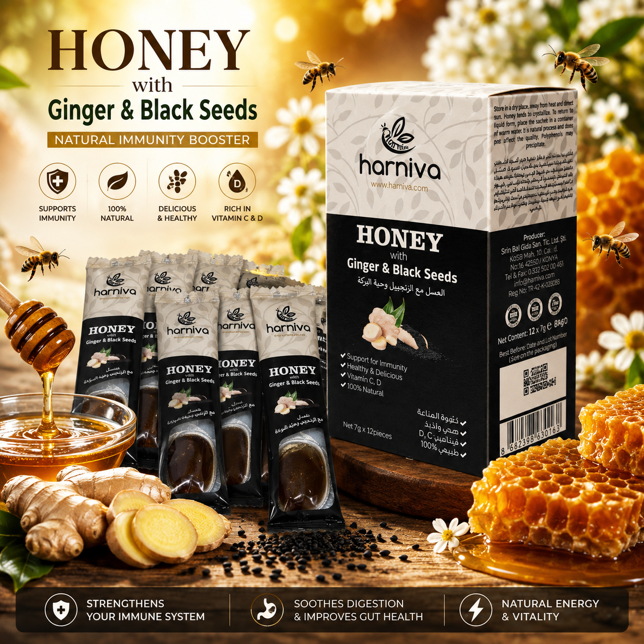Harniva Honey Spoons with Ginger & Black Seeds (12 Spoons x7gm Per box)